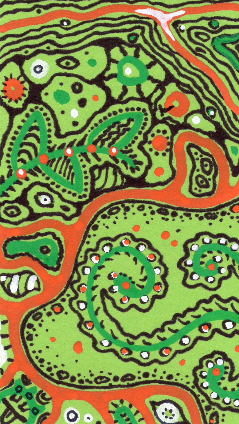 Black, white, orange, and green graphic design on Leaf Green card.